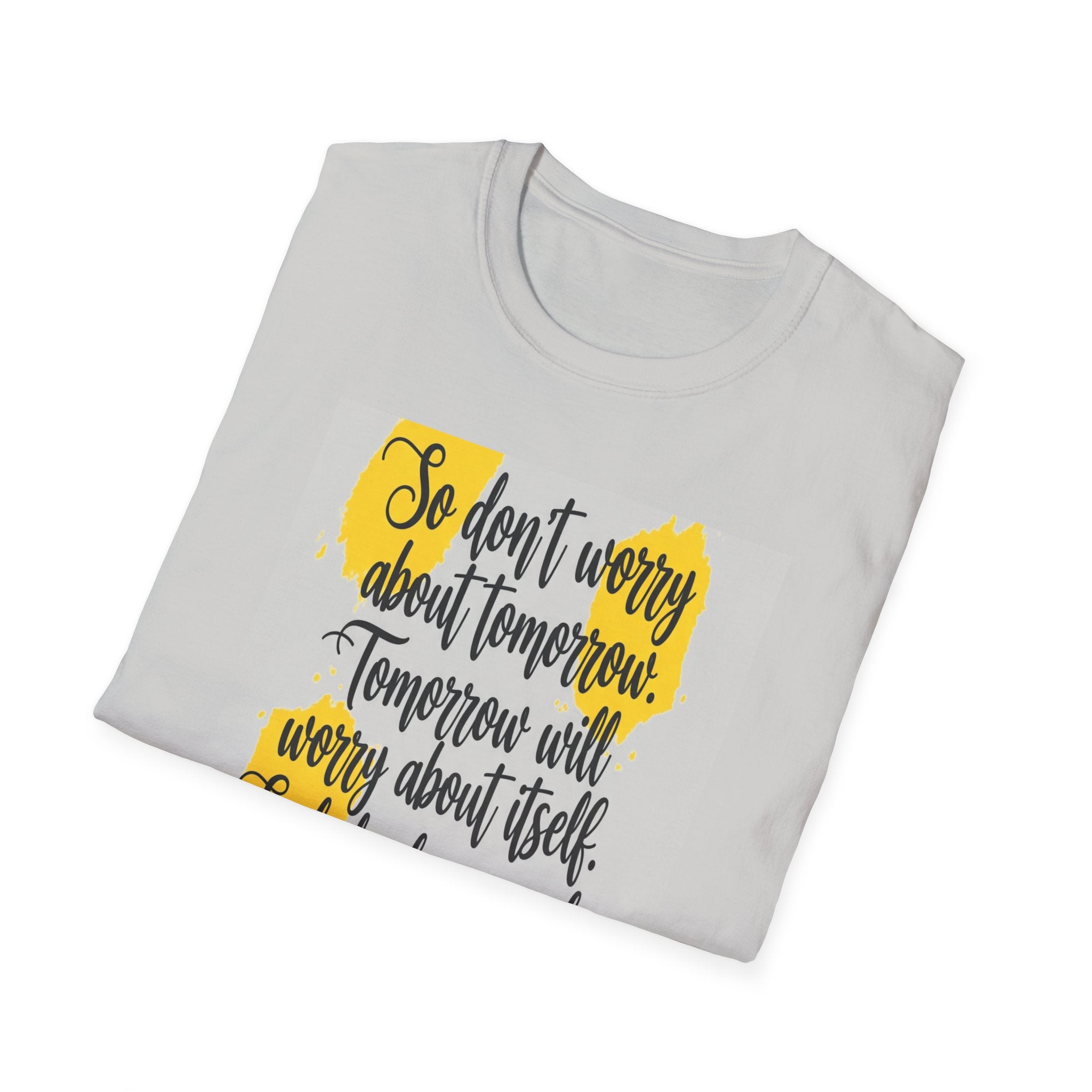 Unisex Oversized Cotton T-Shirt mathew 6:34 light yellow patch for US– Bible Verse Inspired Design