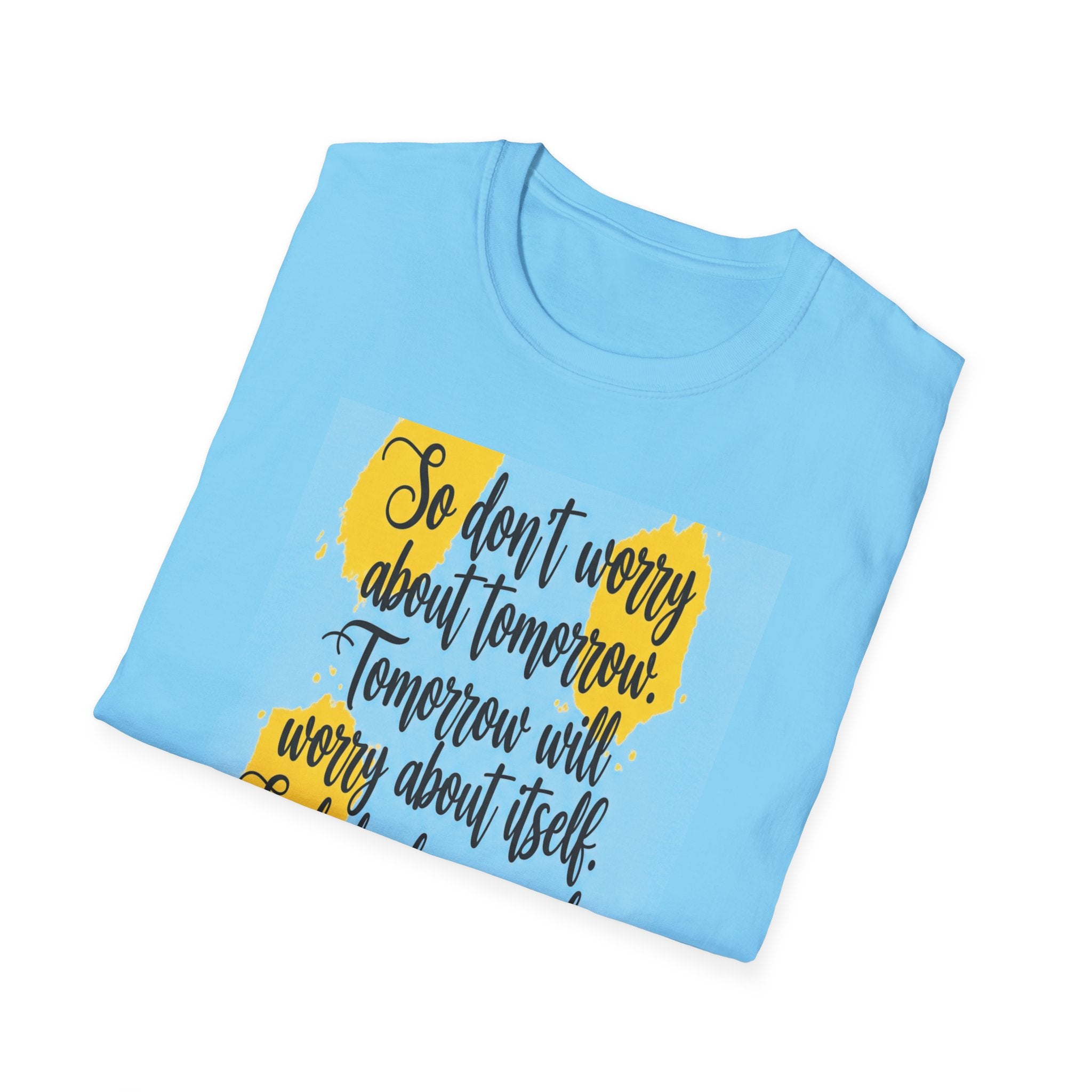 Unisex Oversized Cotton T-Shirt mathew 6:34 light yellow patch for US– Bible Verse Inspired Design