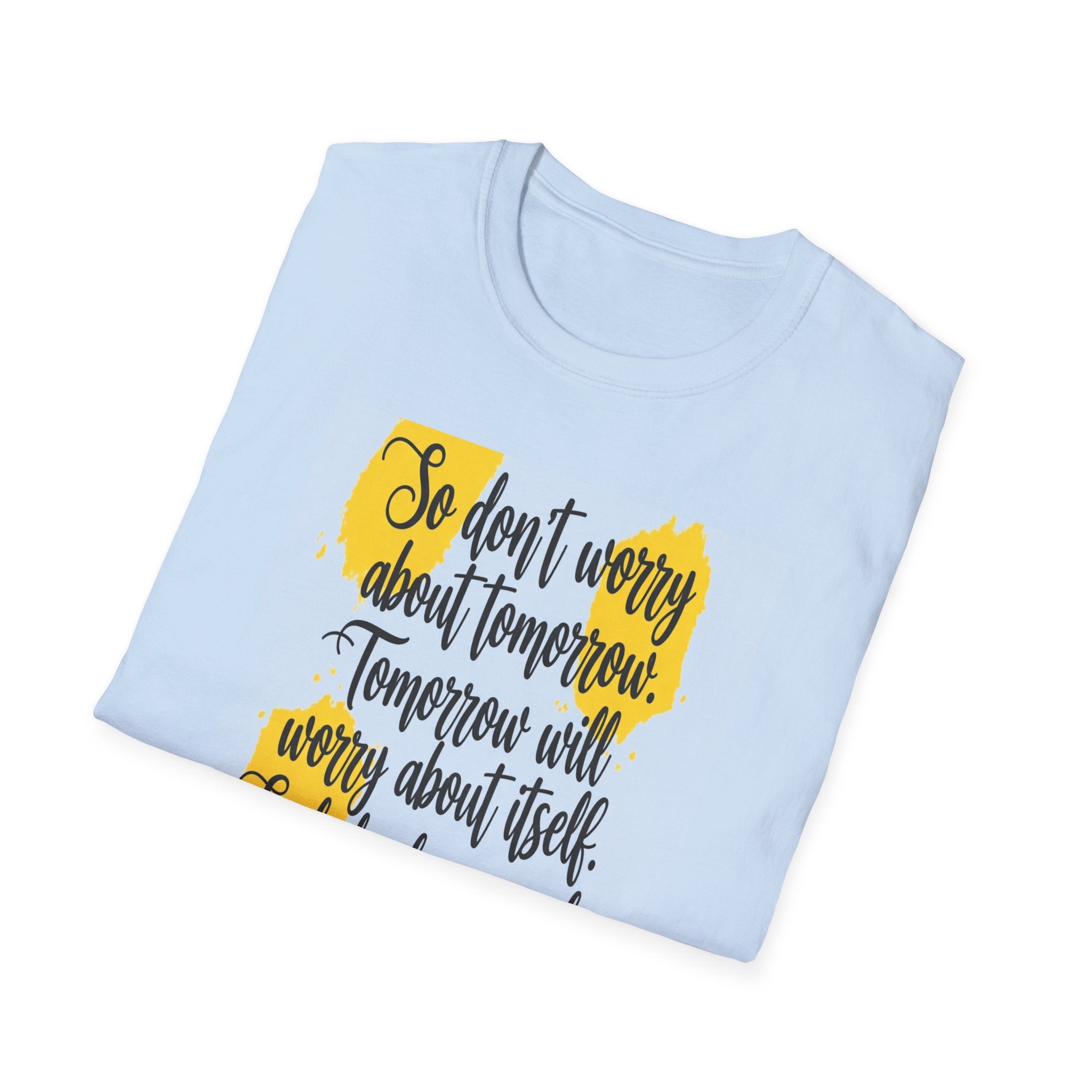 Unisex Oversized Cotton T-Shirt mathew 6:34 light yellow patch for US– Bible Verse Inspired Design