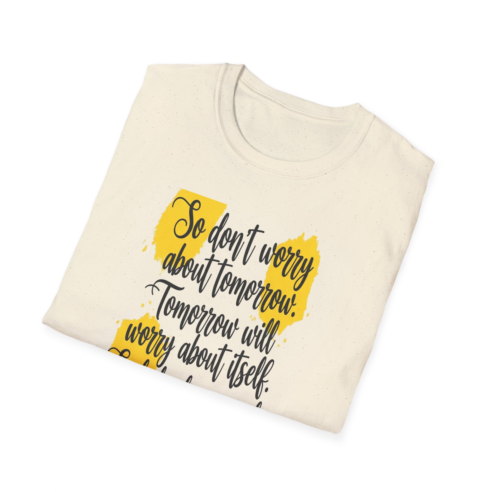 Unisex Oversized Cotton T-Shirt mathew 6:34 light yellow patch for US– Bible Verse Inspired Design
