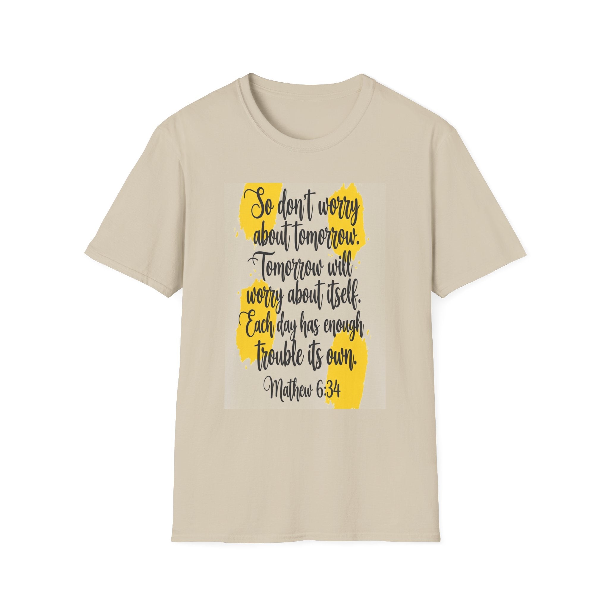 Unisex Oversized Cotton T-Shirt mathew 6:34 light yellow patch for US– Bible Verse Inspired Design