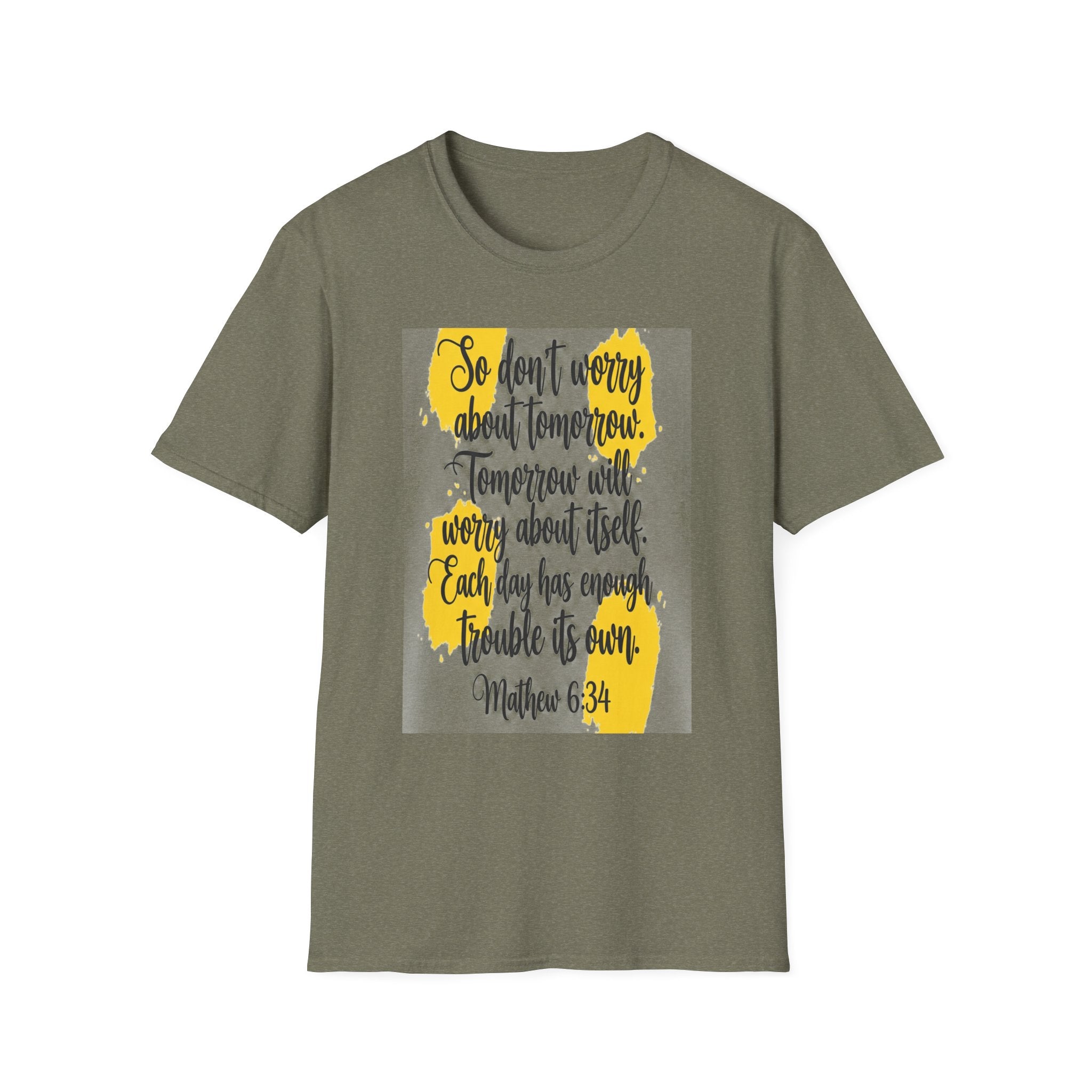 Unisex Oversized Cotton T-Shirt mathew 6:34 light yellow patch for US– Bible Verse Inspired Design