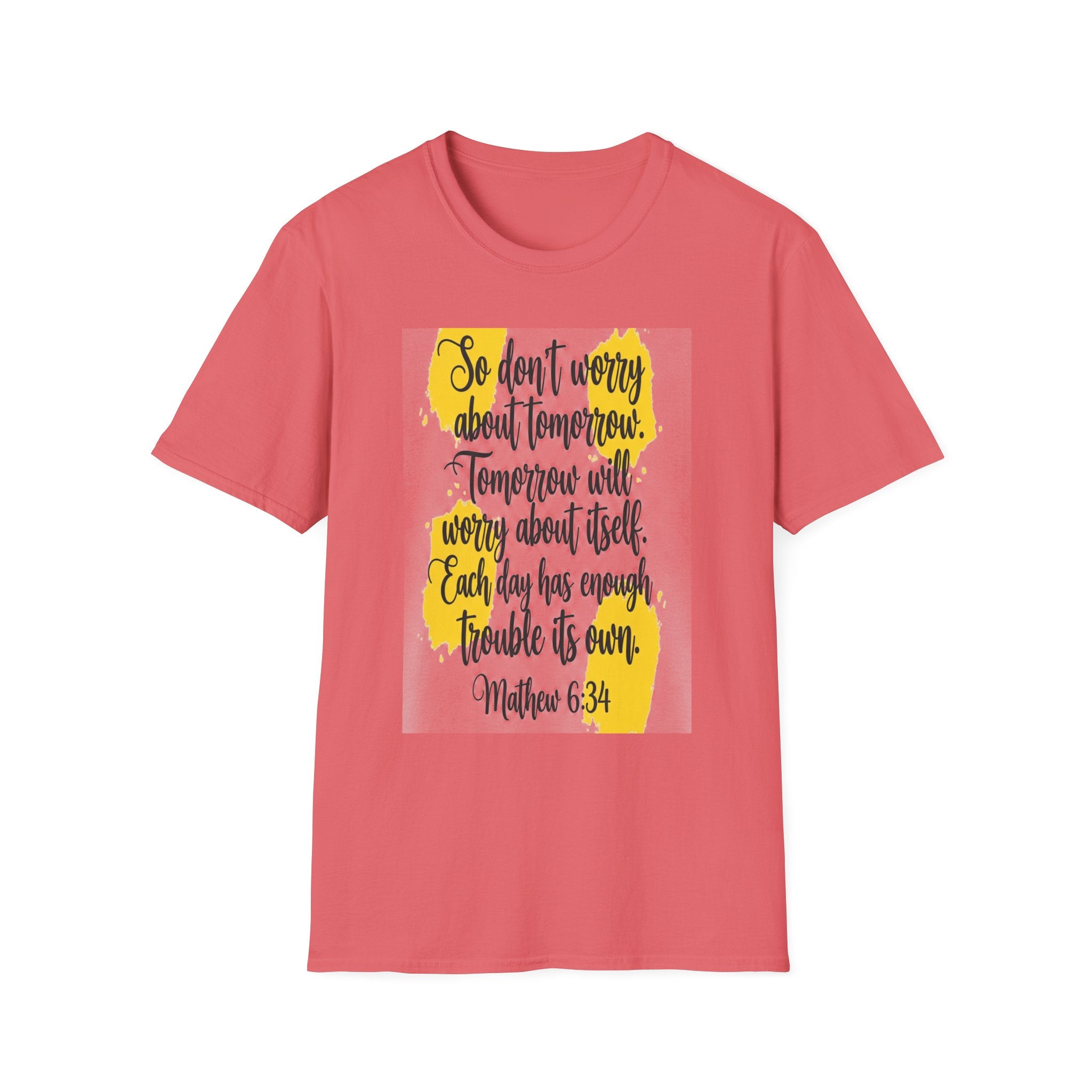 Unisex Oversized Cotton T-Shirt mathew 6:34 light yellow patch for US– Bible Verse Inspired Design