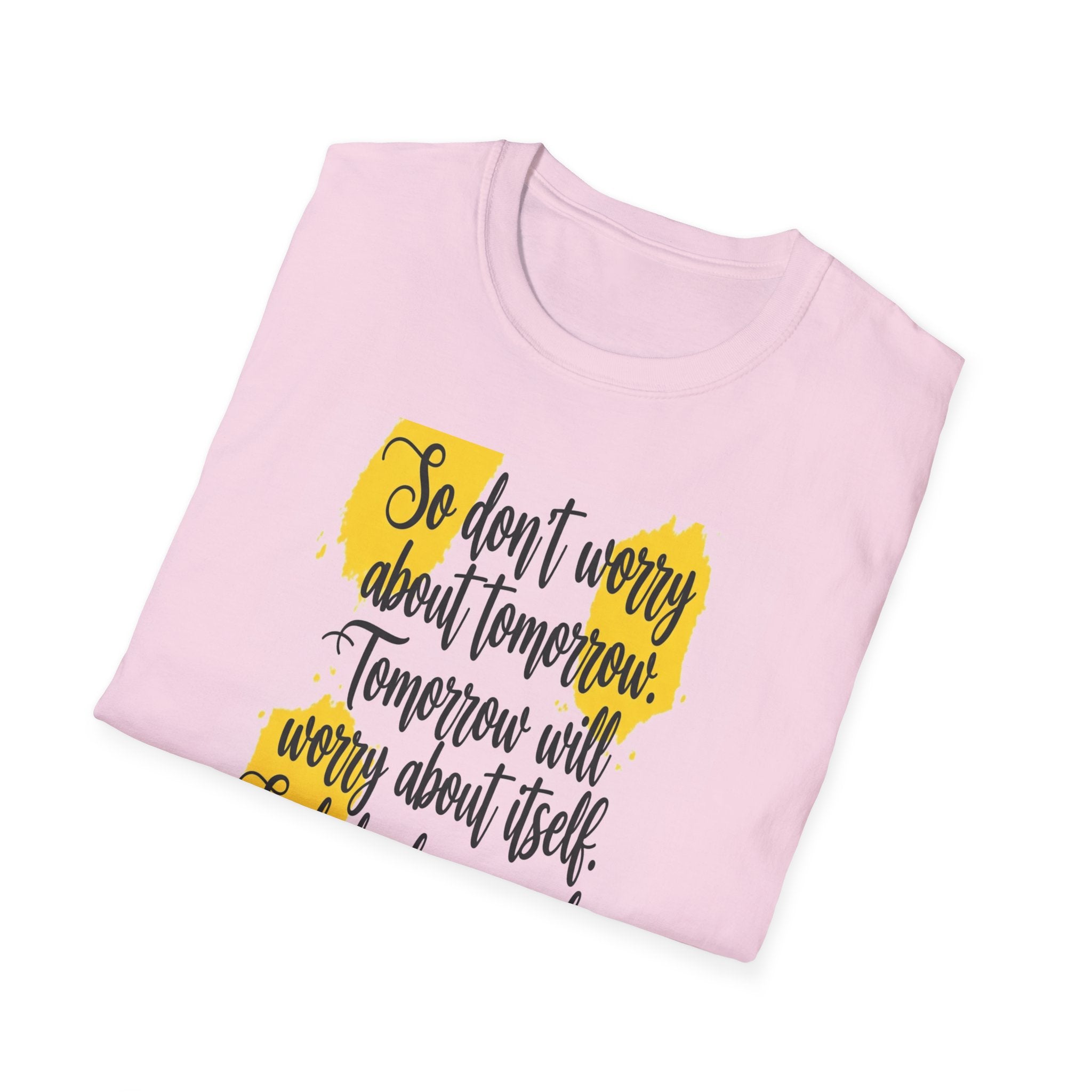 Unisex Oversized Cotton T-Shirt mathew 6:34 light yellow patch for US– Bible Verse Inspired Design