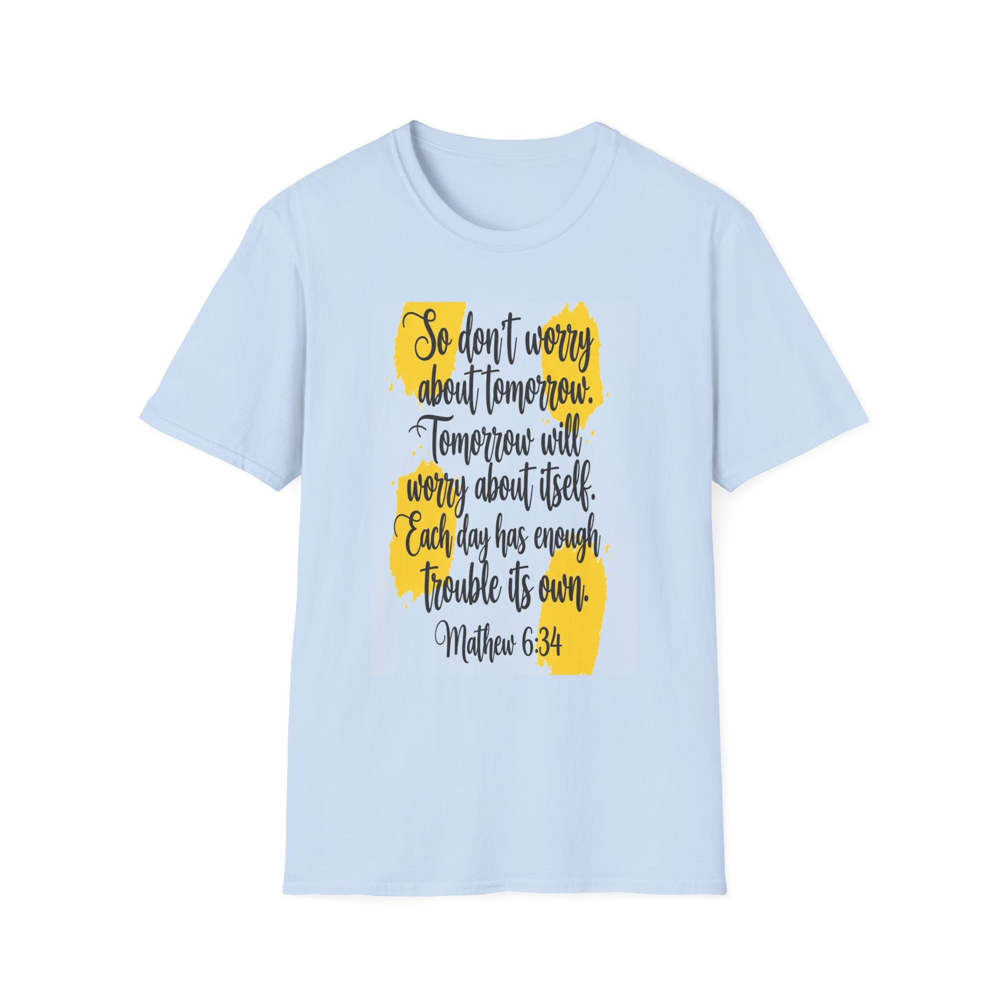 Unisex Oversized Cotton T-Shirt mathew 6:34 light yellow patch for US– Bible Verse Inspired Design