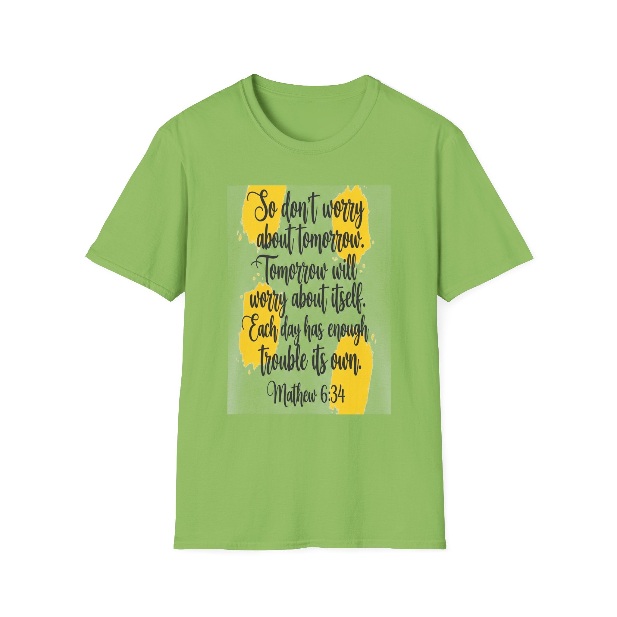 Unisex Oversized Cotton T-Shirt mathew 6:34 light yellow patch for US– Bible Verse Inspired Design