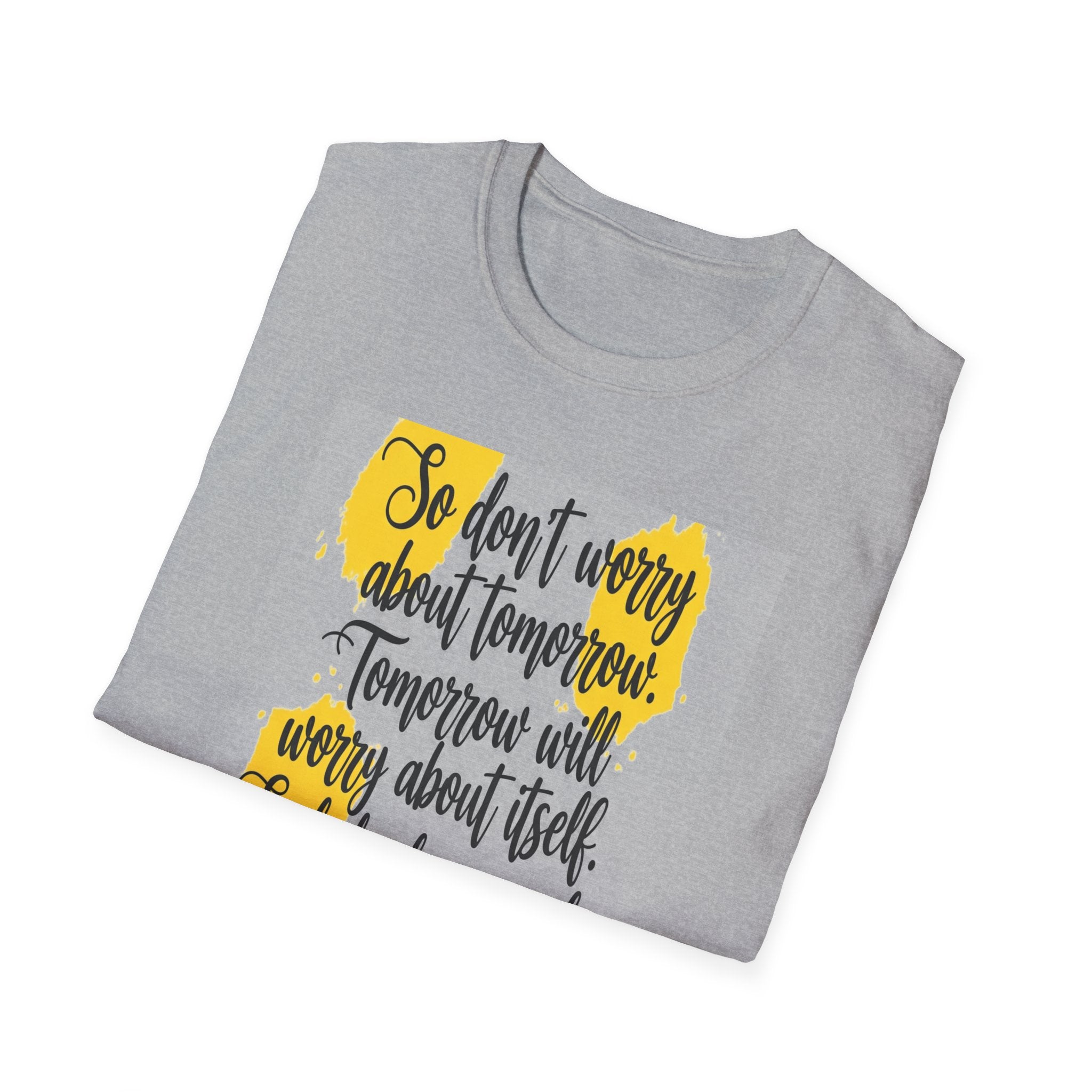 Unisex Oversized Cotton T-Shirt mathew 6:34 light yellow patch for US– Bible Verse Inspired Design