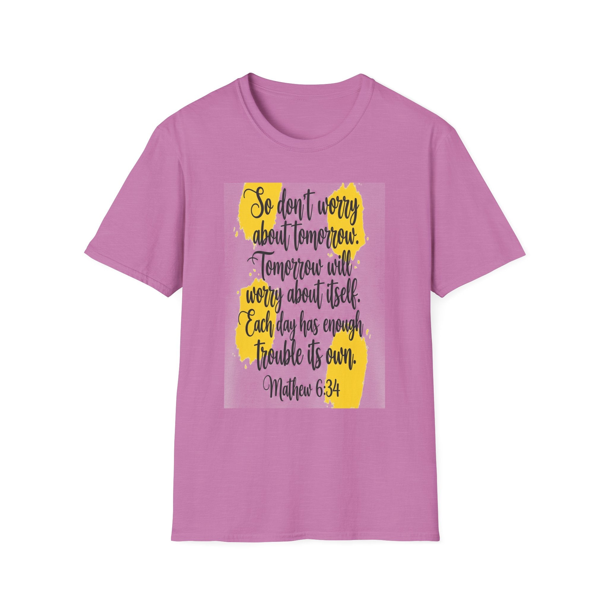 Unisex Oversized Cotton T-Shirt mathew 6:34 light yellow patch for US– Bible Verse Inspired Design