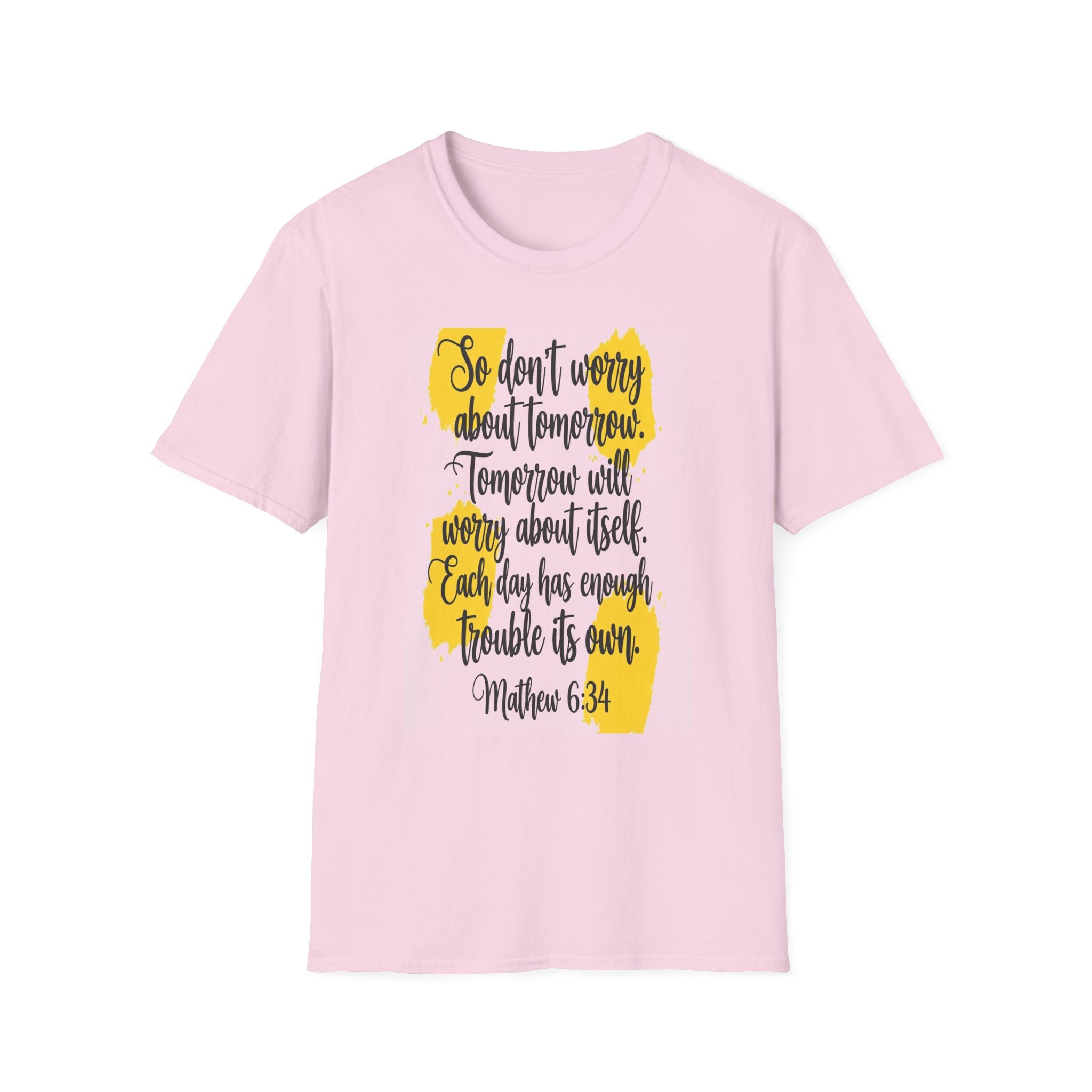 Unisex Oversized Cotton T-Shirt mathew 6:34 light yellow patch for US– Bible Verse Inspired Design