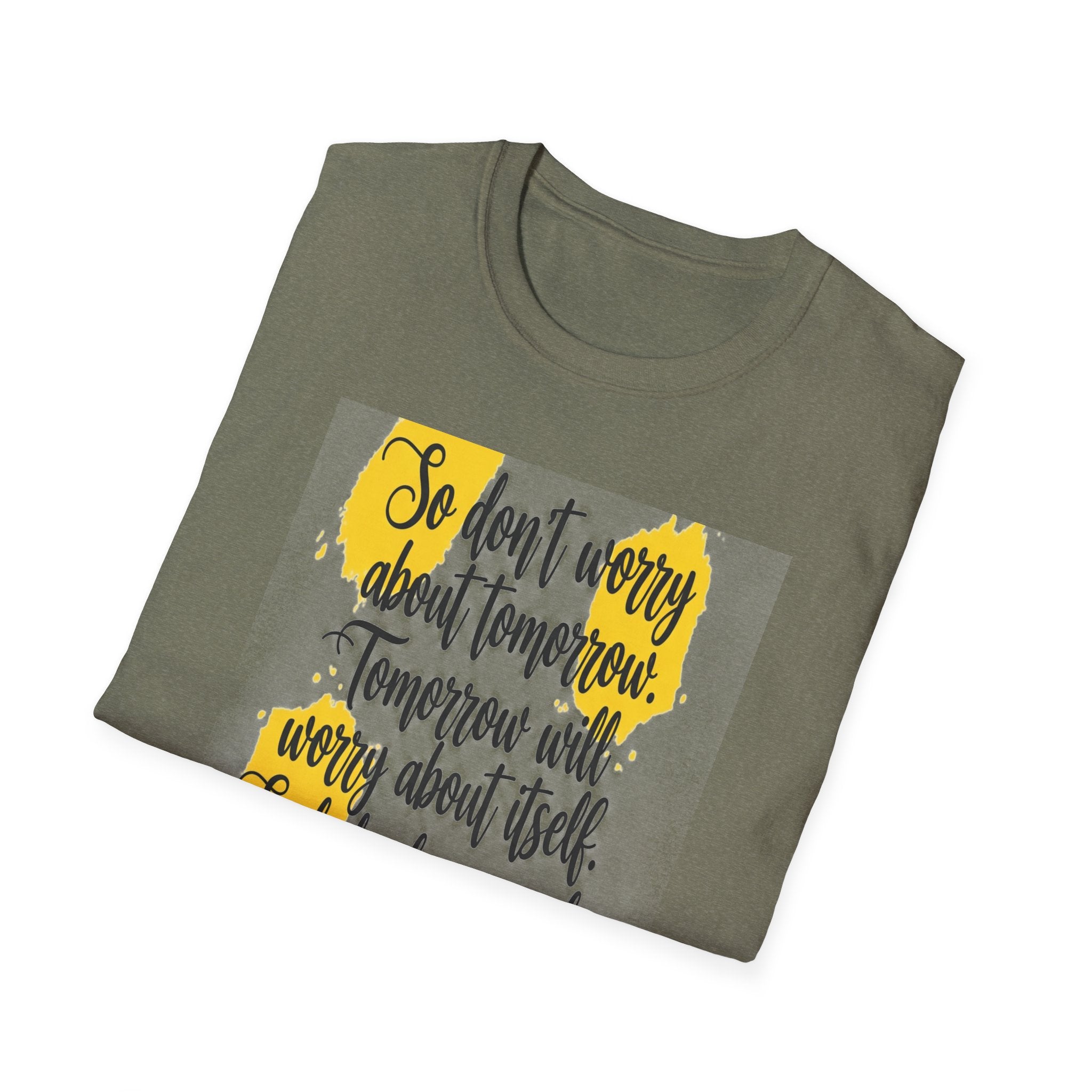 Unisex Oversized Cotton T-Shirt mathew 6:34 light yellow patch for US– Bible Verse Inspired Design
