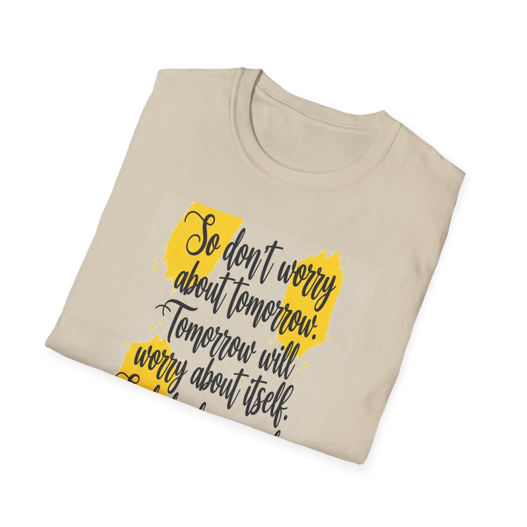 Unisex Oversized Cotton T-Shirt mathew 6:34 light yellow patch for US– Bible Verse Inspired Design