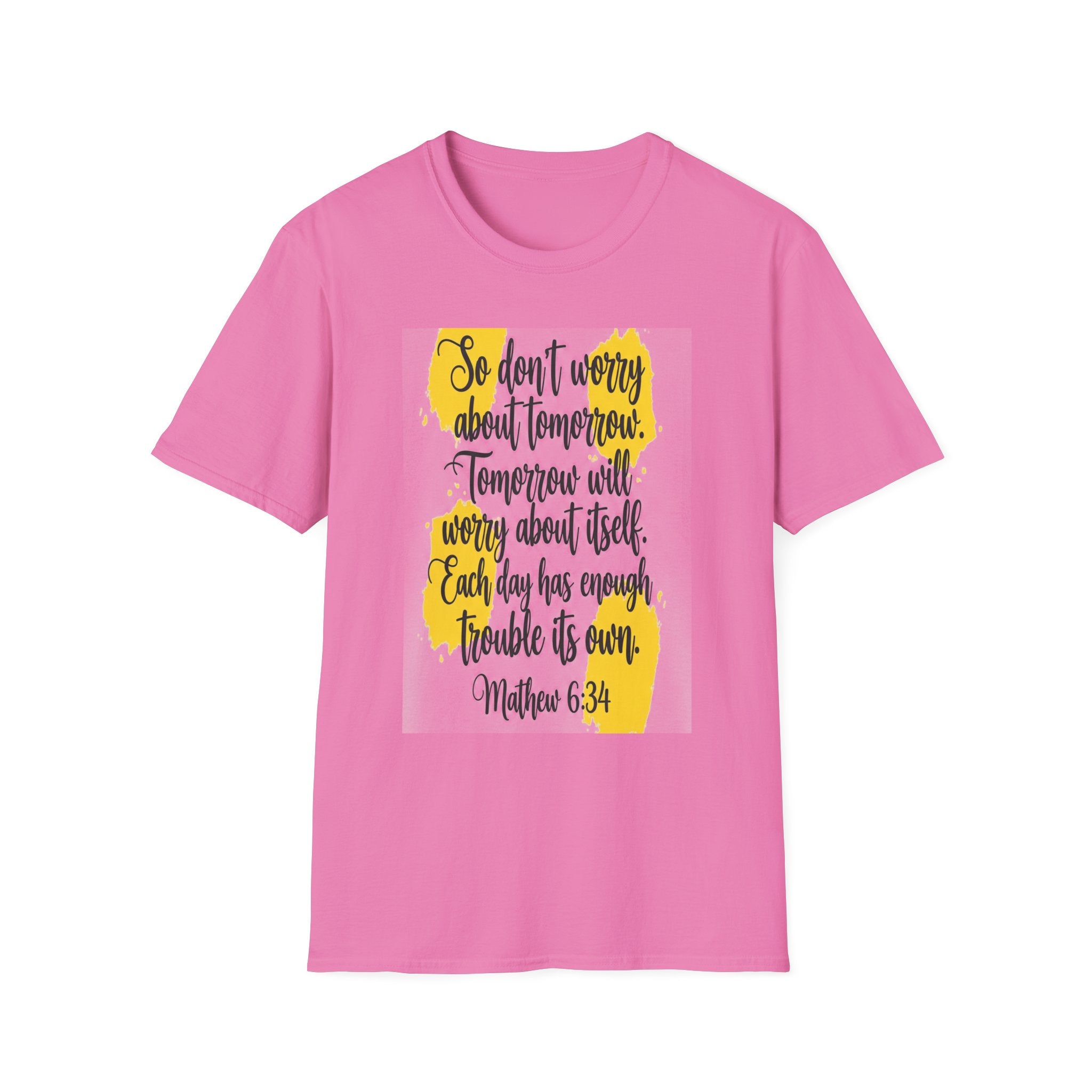 Unisex Oversized Cotton T-Shirt mathew 6:34 light yellow patch for US– Bible Verse Inspired Design