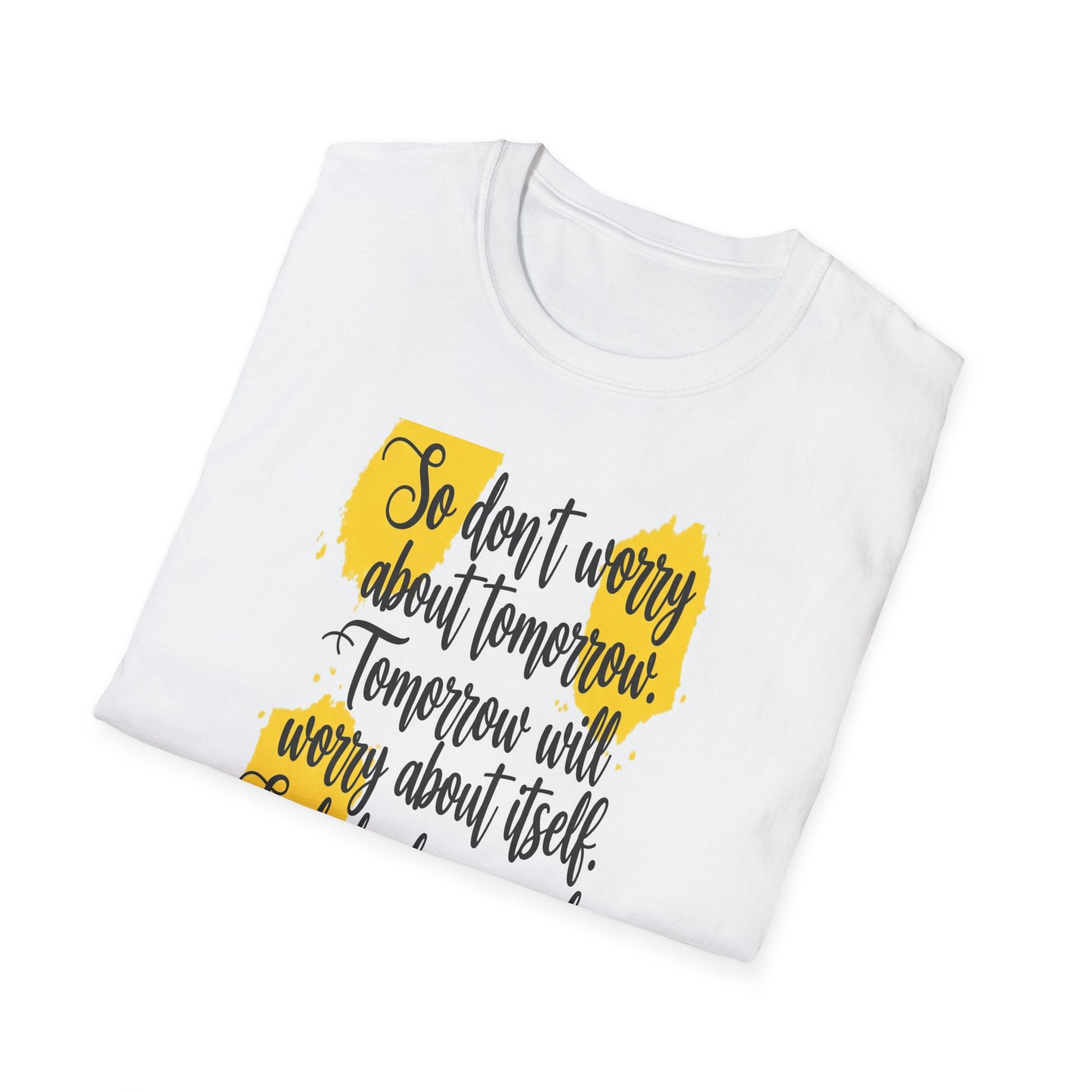 Unisex Oversized Cotton T-Shirt mathew 6:34 light yellow patch for US– Bible Verse Inspired Design
