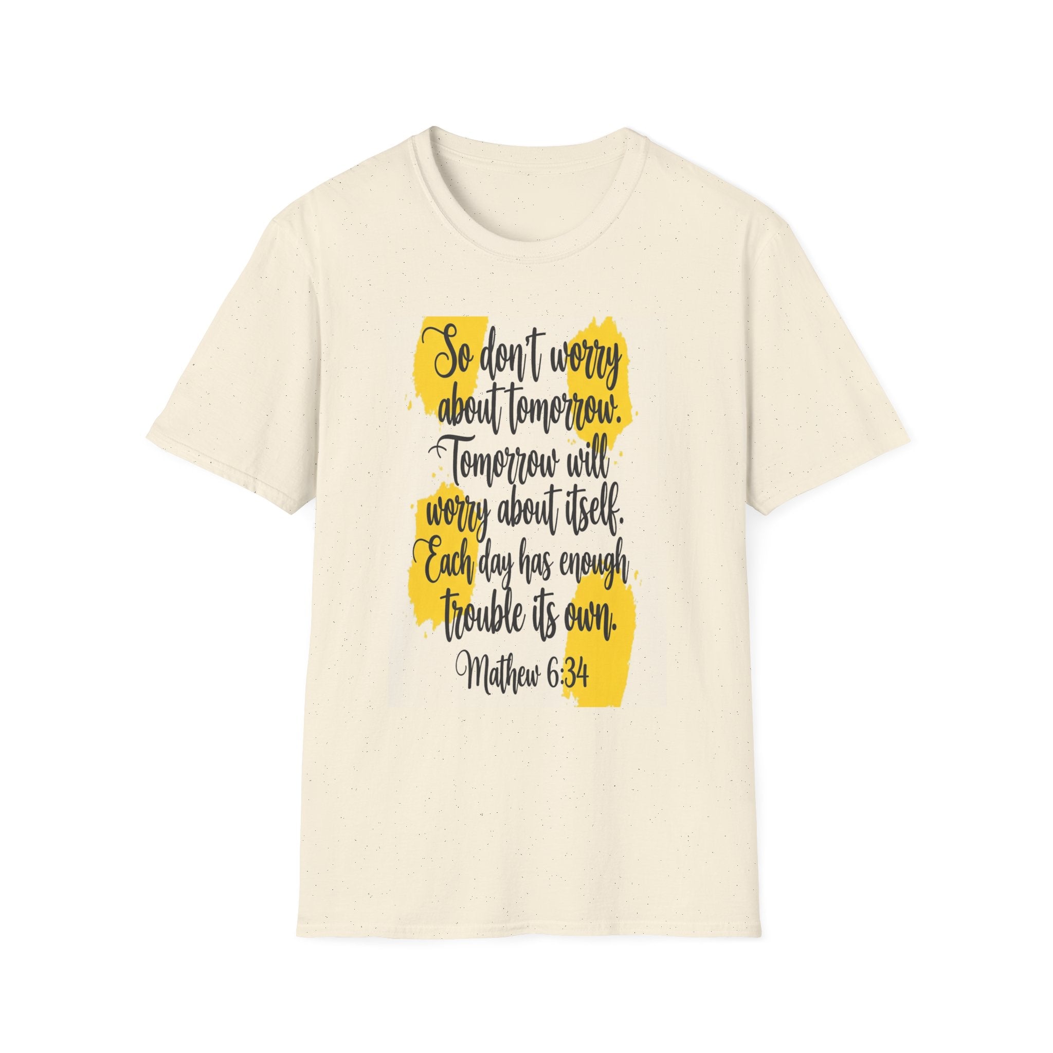 Unisex Oversized Cotton T-Shirt mathew 6:34 light yellow patch for US– Bible Verse Inspired Design