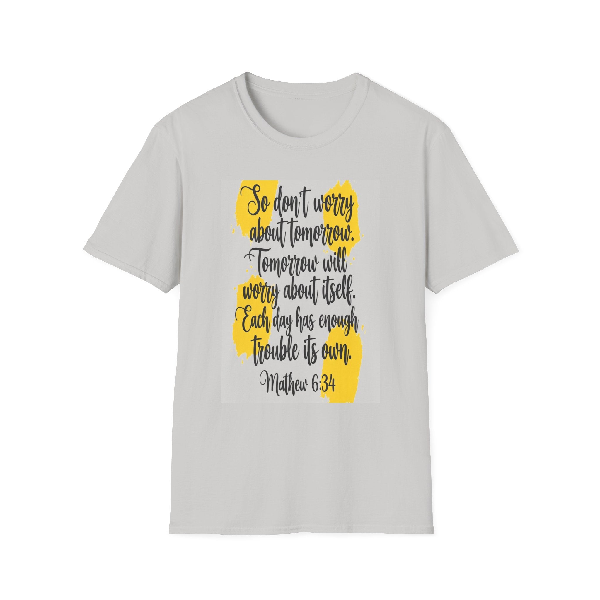 Unisex Oversized Cotton T-Shirt mathew 6:34 light yellow patch for US– Bible Verse Inspired Design