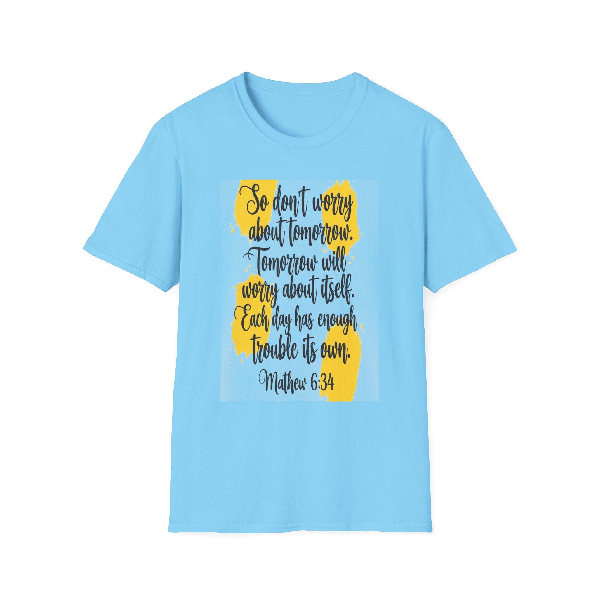 Unisex Oversized Cotton T-Shirt mathew 6:34 light yellow patch for US– Bible Verse Inspired Design