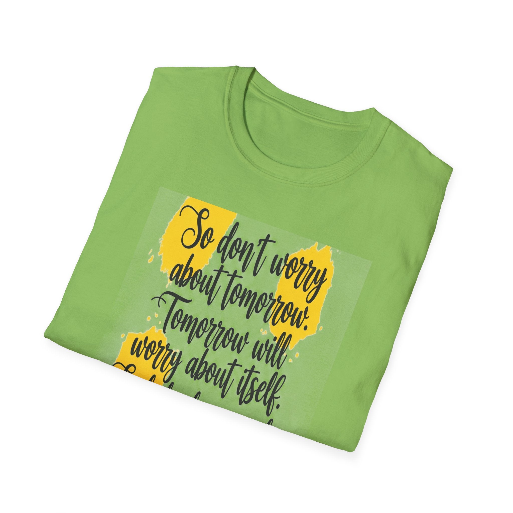 Unisex Oversized Cotton T-Shirt mathew 6:34 light yellow patch for US– Bible Verse Inspired Design