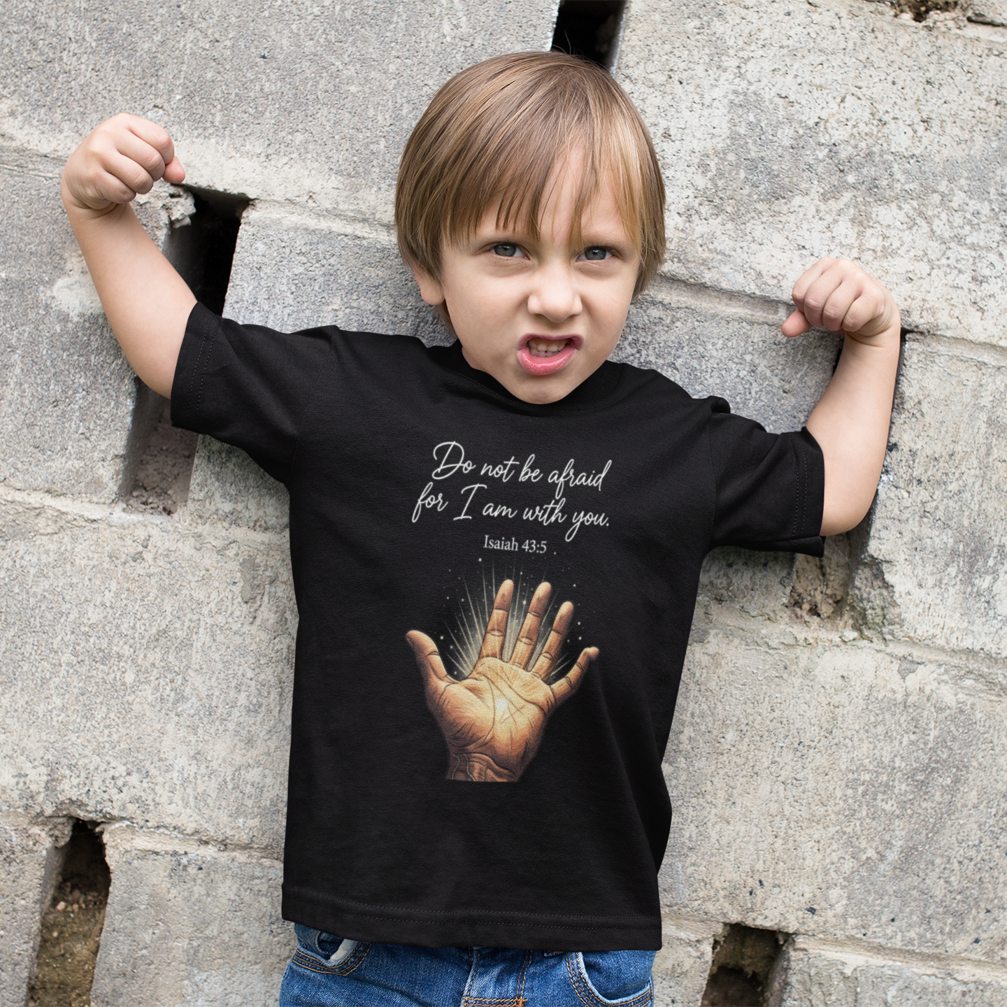 Child wearing a black t-shirt with a hand illustration and text, standing against a stone wall.