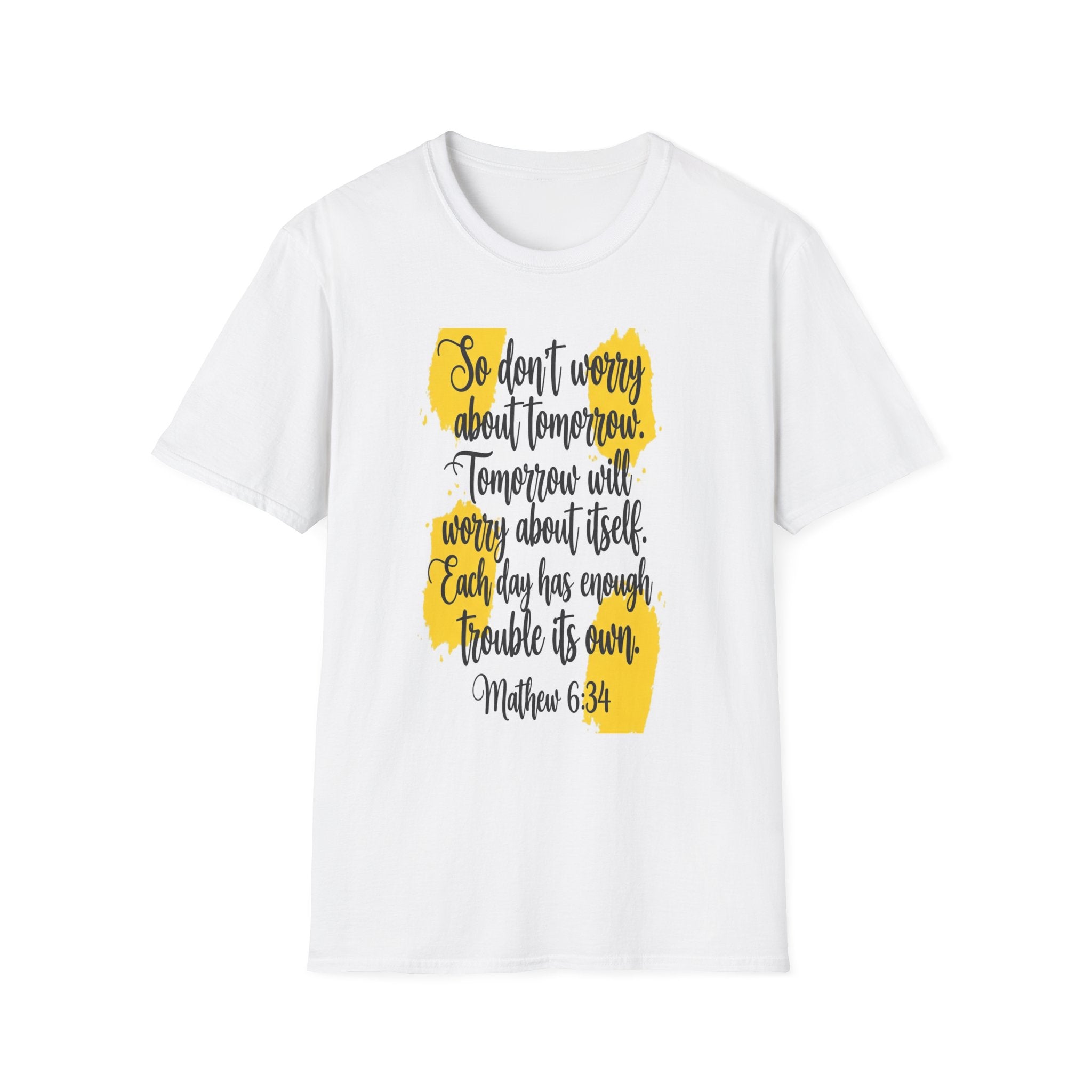 Unisex Oversized Cotton T-Shirt mathew 6:34 light yellow patch for US– Bible Verse Inspired Design