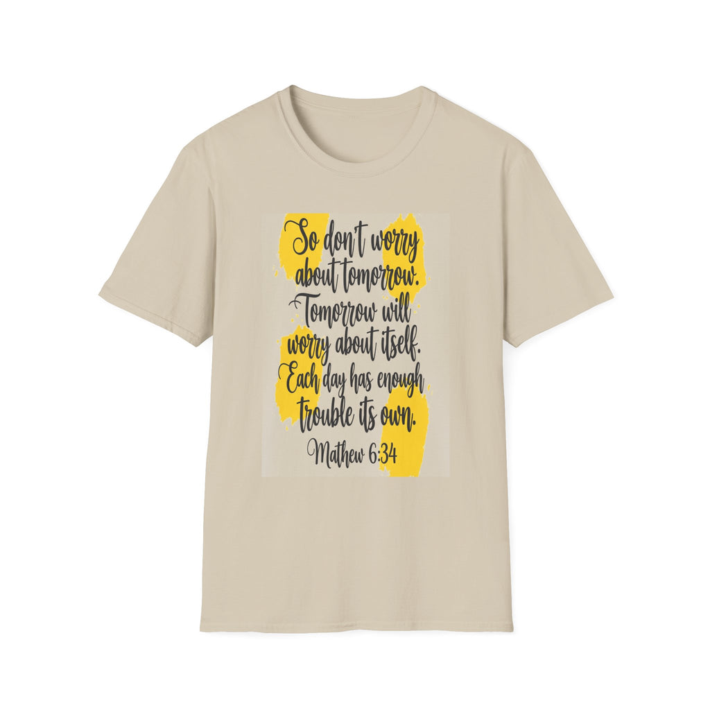 Unisex Oversized Cotton T-Shirt mathew 6:34 light yellow patch for US– Bible Verse Inspired Design
