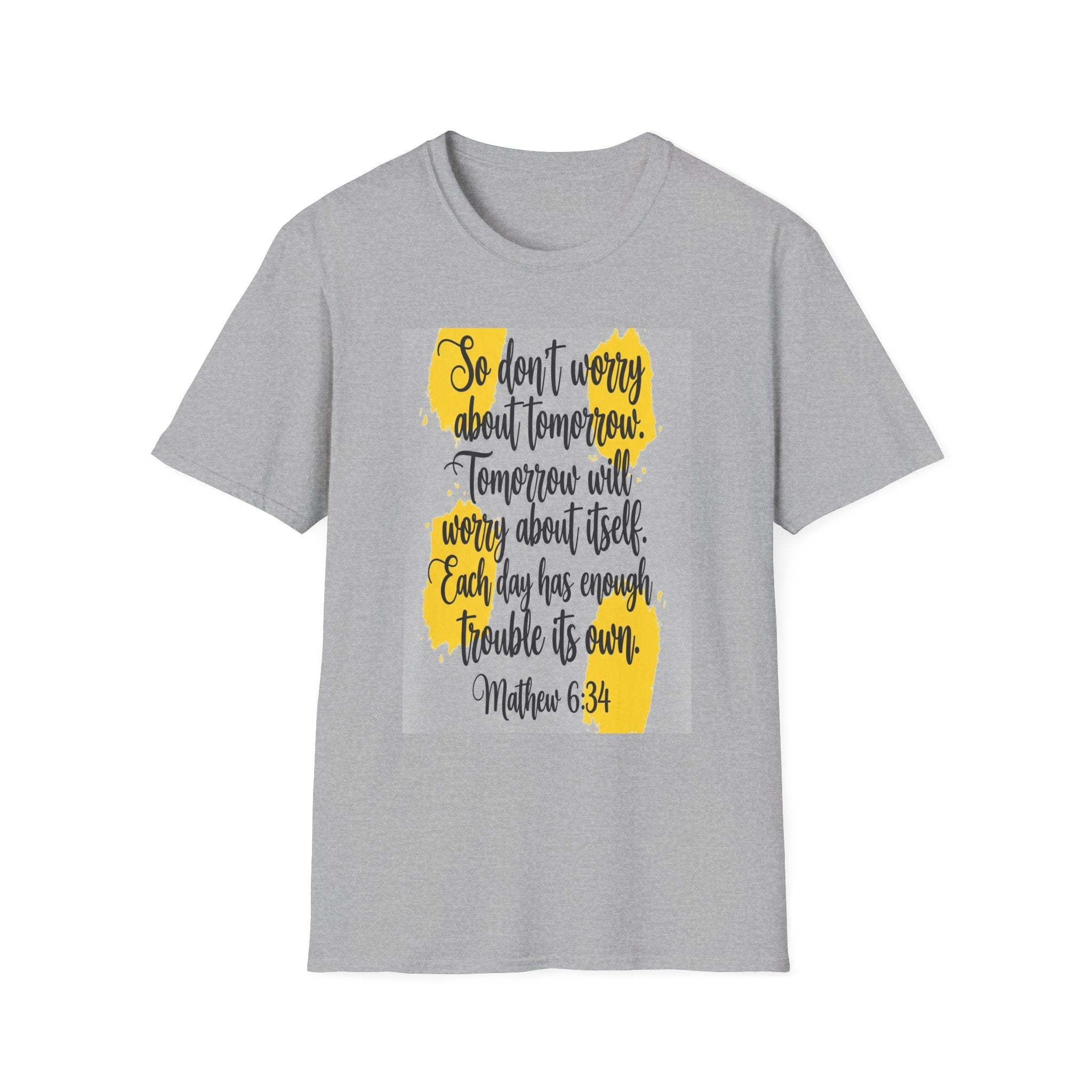 Unisex Oversized Cotton T-Shirt mathew 6:34 light yellow patch for US– Bible Verse Inspired Design