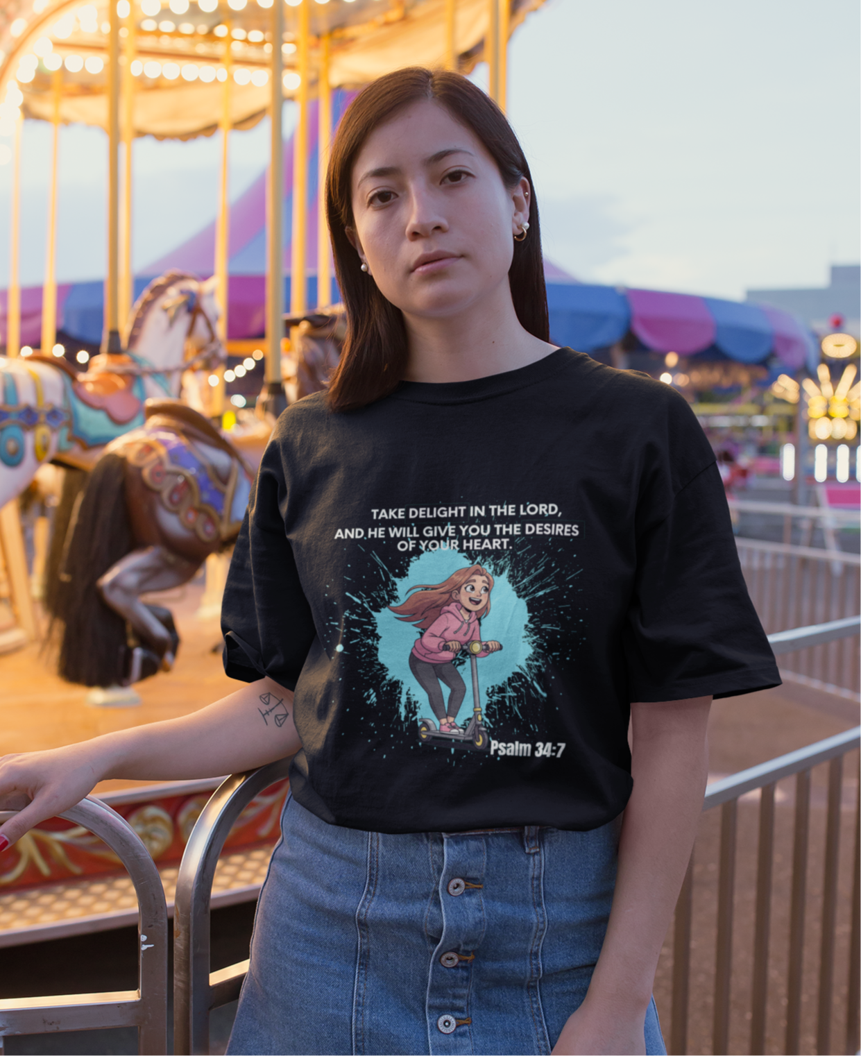 Woman wearing a black t-shirt with a graphic design in front of a carousel