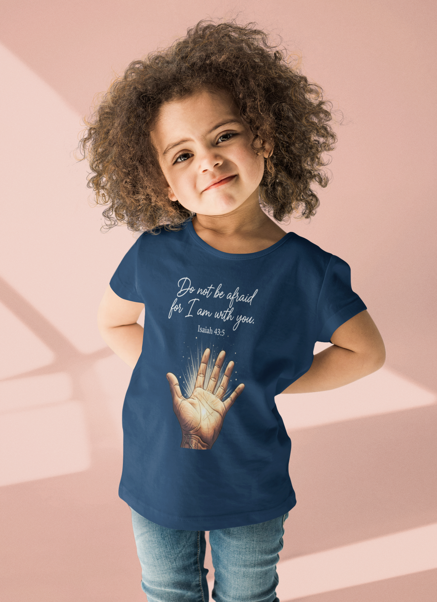 Child wearing a navy blue t-shirt with a motivational quote and hand illustration on a pink background