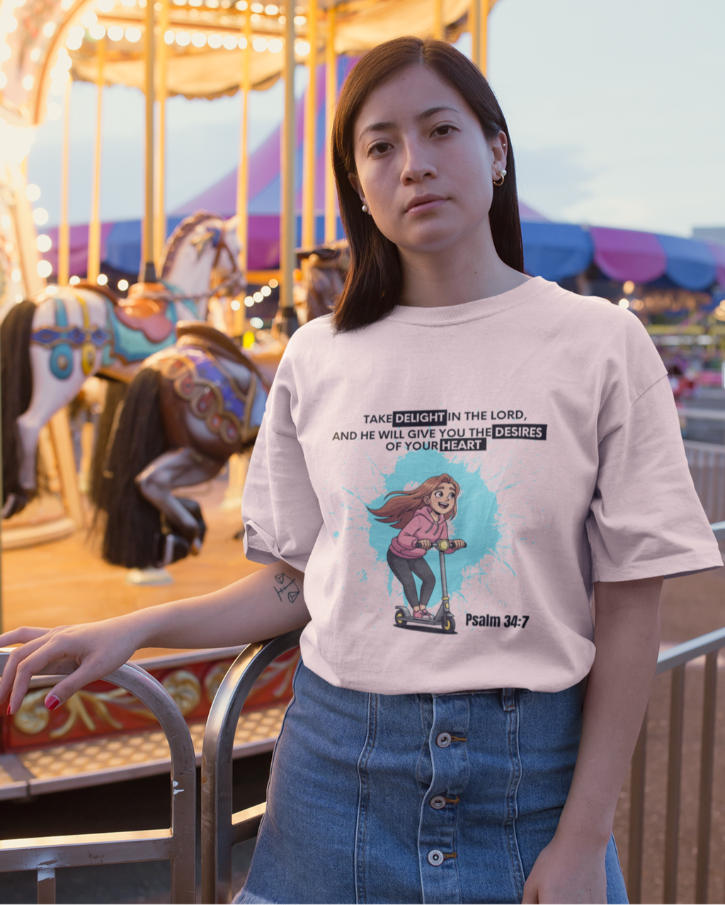 Woman wearing a t-shirt with a graphic design in front of a carousel