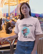 Woman wearing a t-shirt with a graphic design in front of a carousel