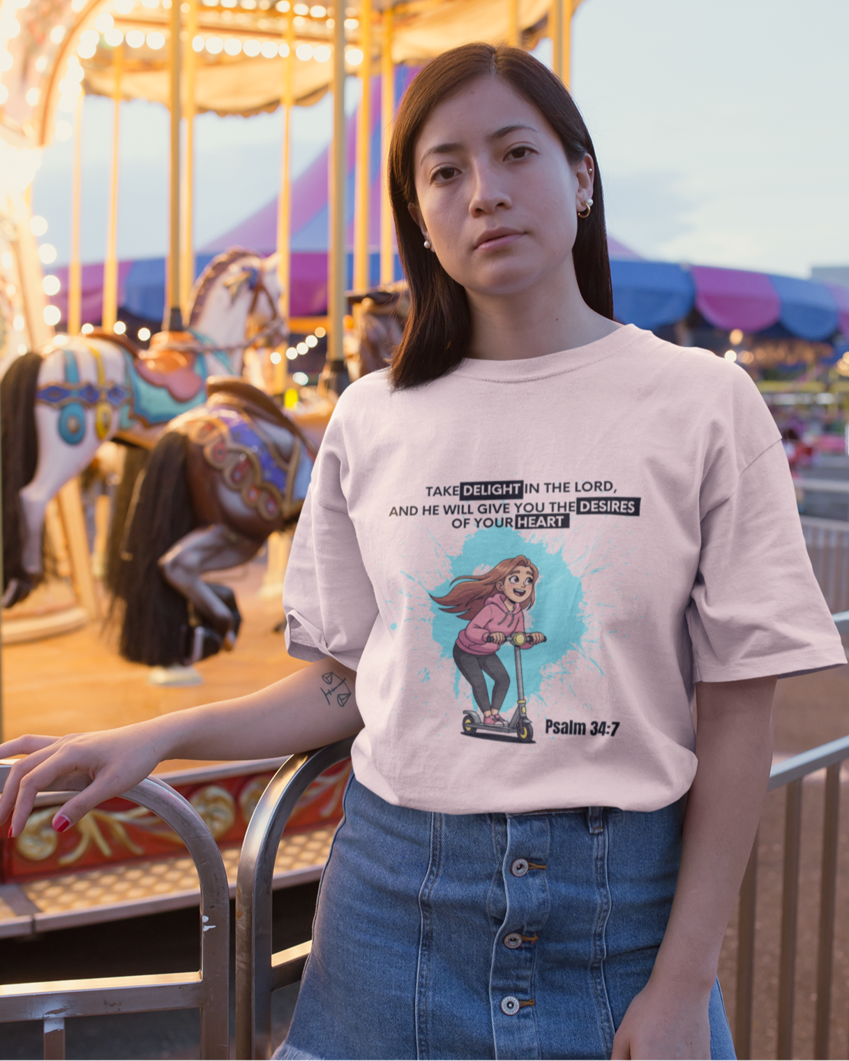 Woman wearing a t-shirt with a graphic design in front of a carousel
