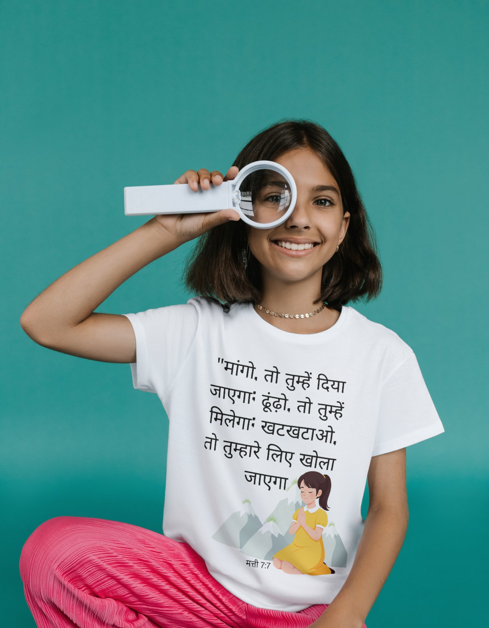 Girl's Crew Neck T-Shirt Hindi Matthew7:7 - Bible Verse Inspired Design