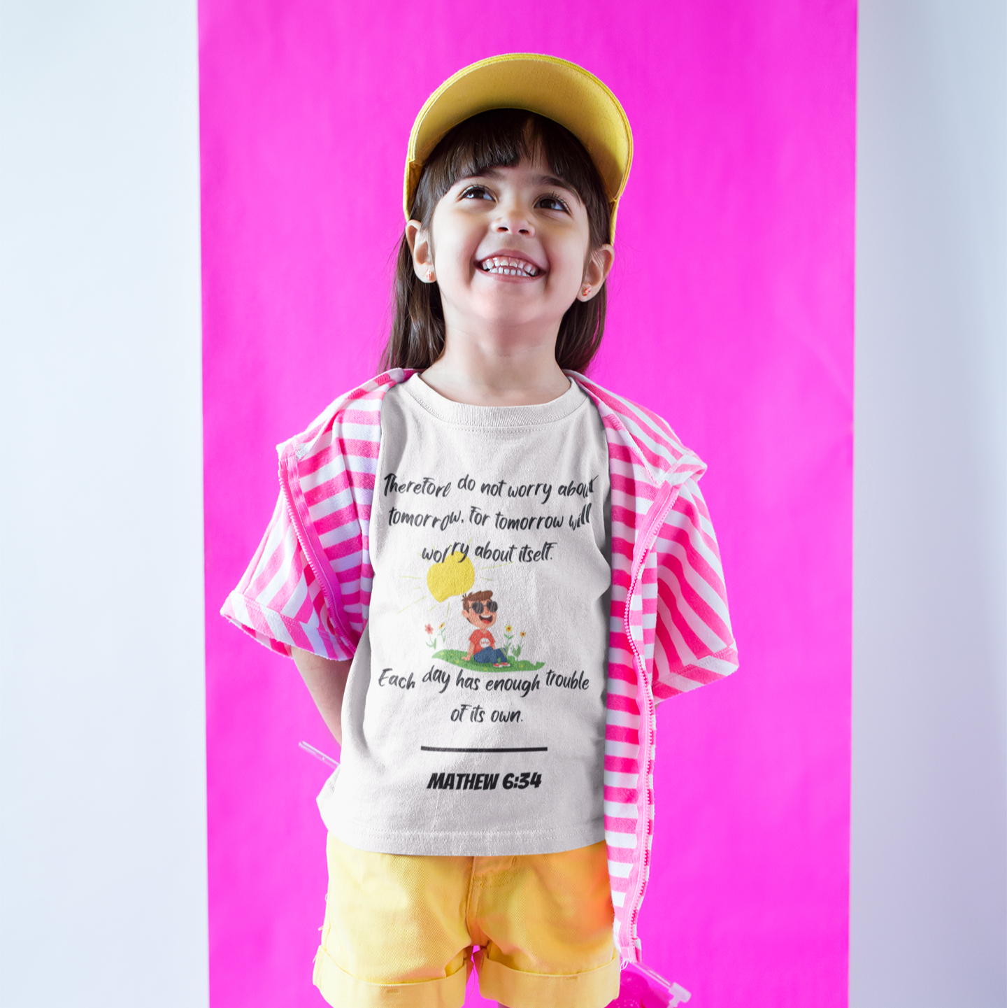 Child wearing a striped shirt and yellow shorts against a pink background