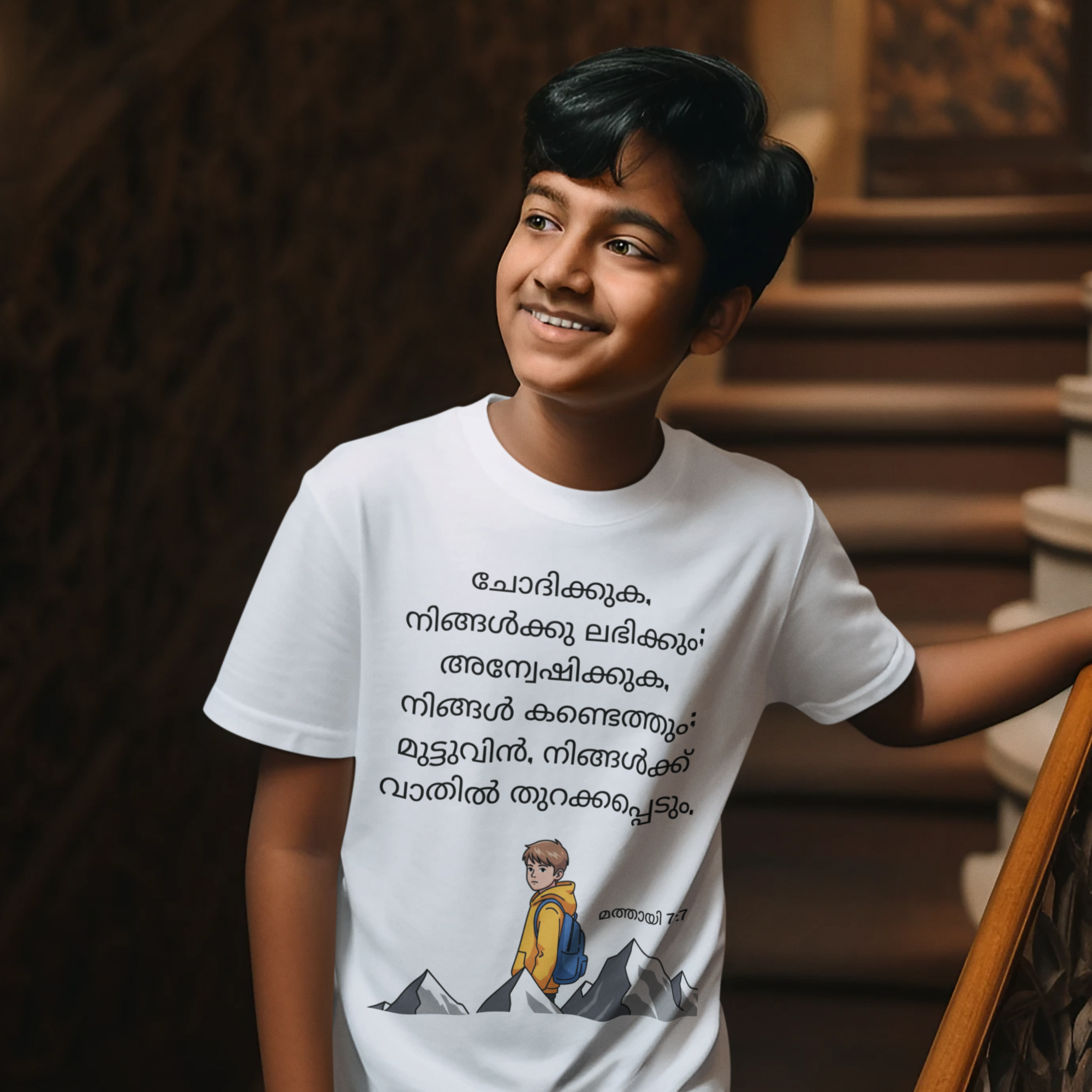 Child wearing a white t-shirt with text and graphics, standing on a staircase.