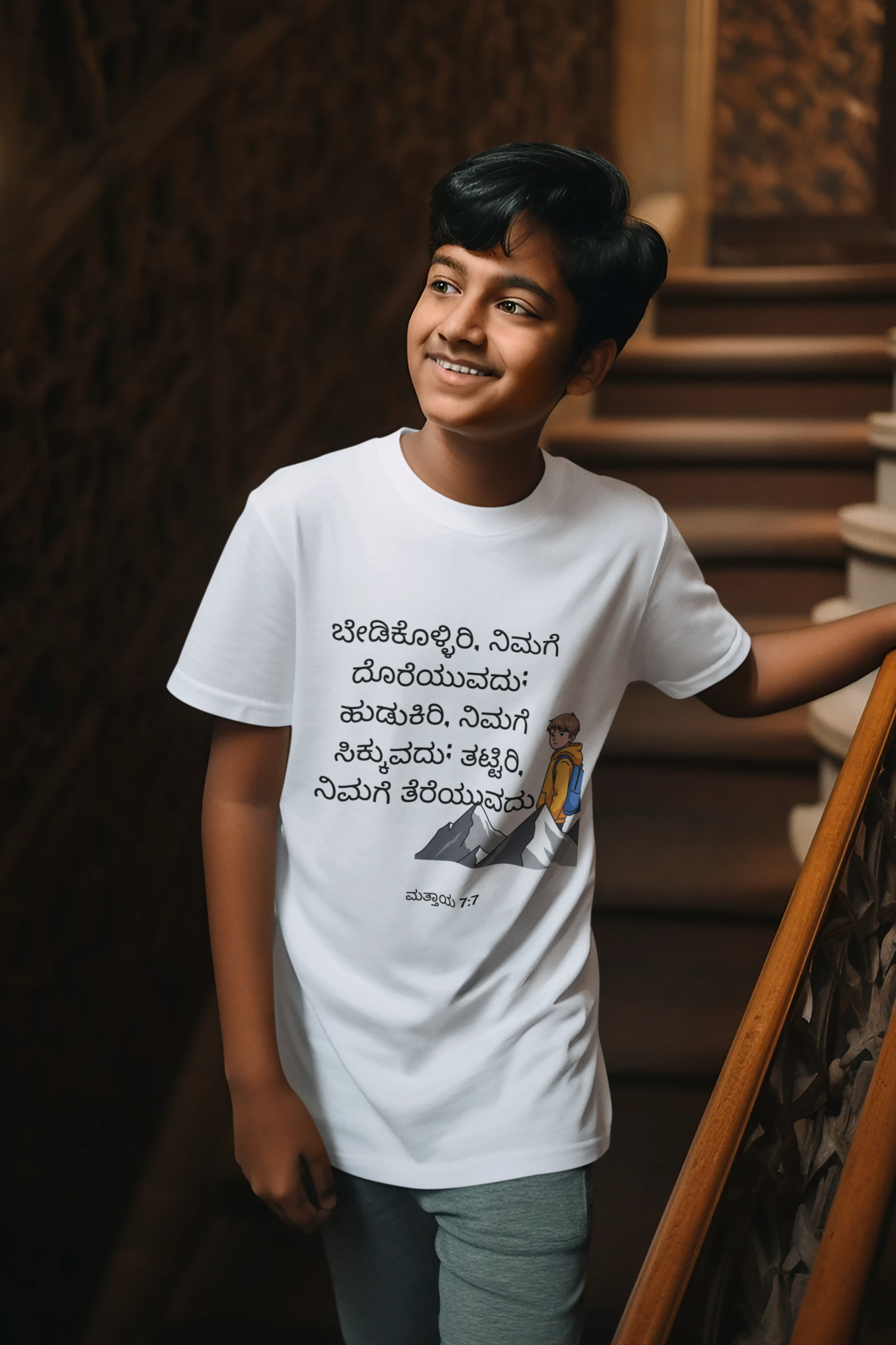 Child wearing a white t-shirt with text and graphics, standing on a staircase.